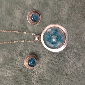 Vintage Sterling Silver 925 Light Blue Bubble Art Glass Pendant And Earrings Set